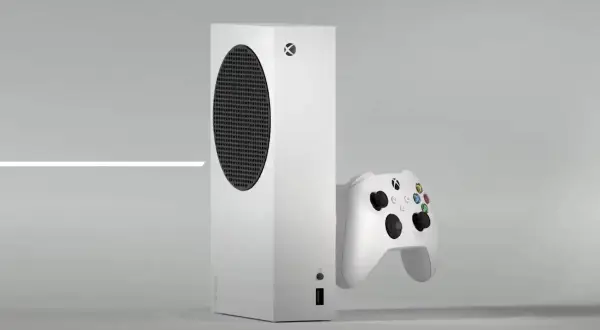 Biała konsola Xbox Series S i biały kontroler na szarym tle. To jest co to jest Xbox.