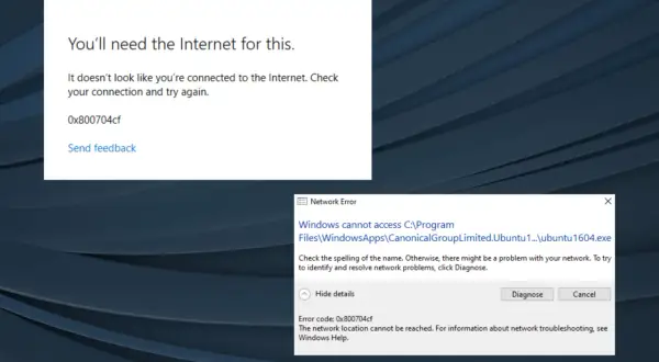 Komunikat błędu Windows 0x800704cf o problemach z siecią i połączeniem internetowym.
