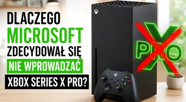 Czarna konsola Xbox Series X i kontroler na drewnianym stole, z napisem "PRO" przekreślonym na czerwono.
