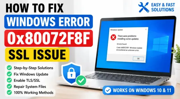 Laptop z błędem aktualizacji Windows 0x80072F8F i tekstem "Jak naprawić problemy z aktualizacją Windows?".