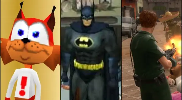 Trzy postacie z gier: rudy kot, Batman i żołnierz strzelający z karabinu.