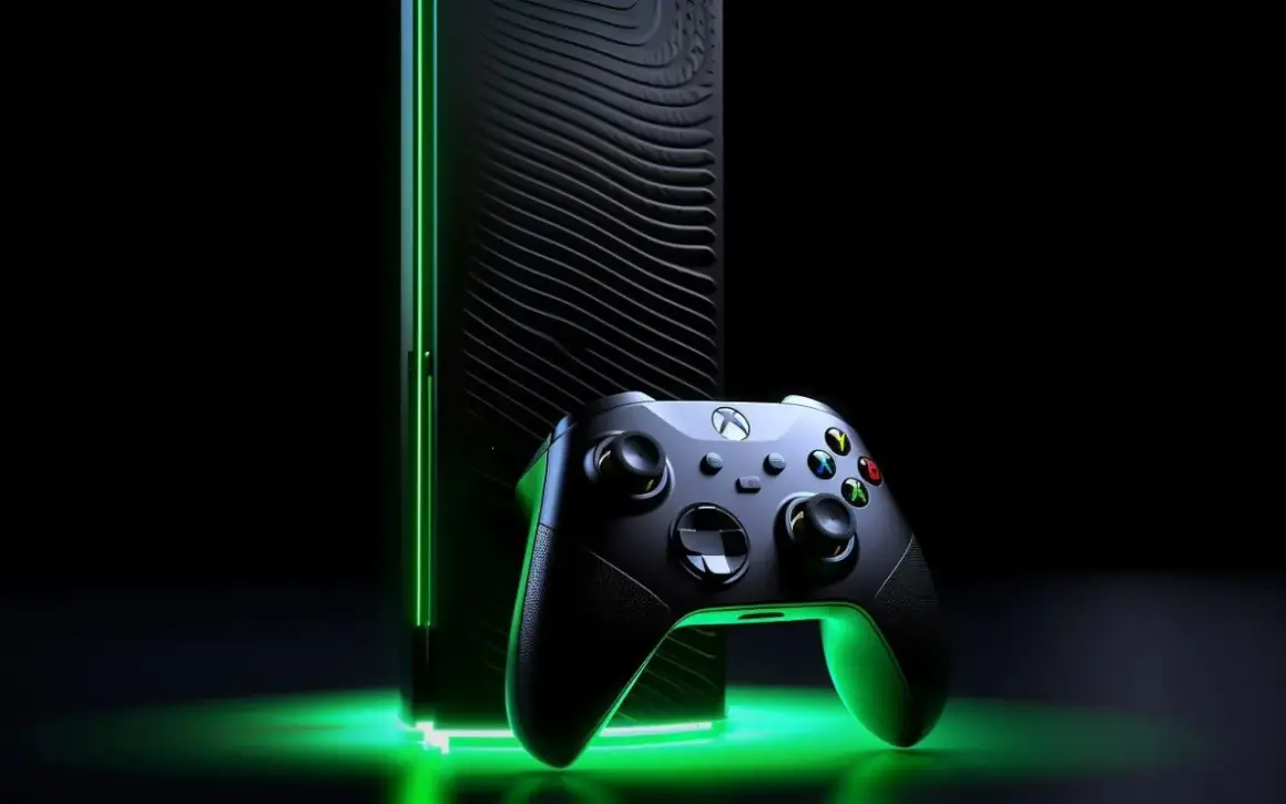 Nowa konsola Xbox next gen z kontrolerem, otoczona zielonym blaskiem. Gotowy na przyszłość gier?
