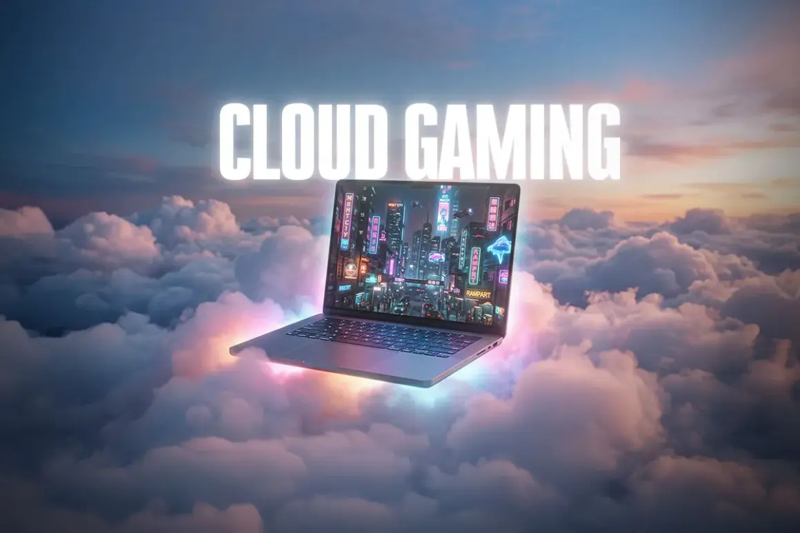 Laptop unoszący się na chmurach z neonowym miastem na ekranie. Napis "CLOUD GAMING".