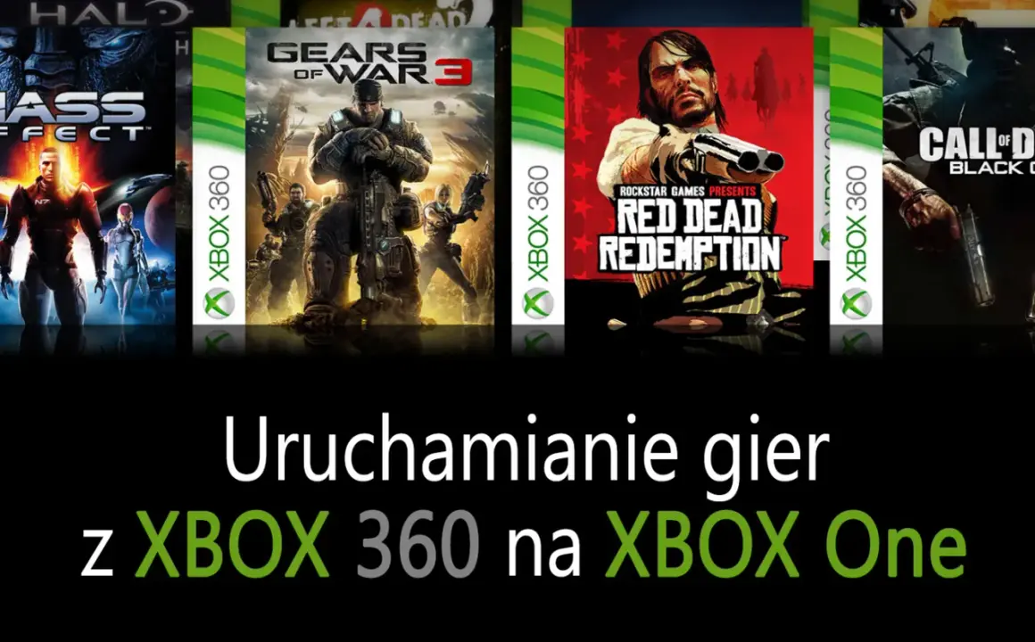 Okładki gier na Xbox 360, m.in. Gears of War 3 i Red Dead Redemption, na tle tekstu "Uruchamianie gier z XBOX 360 na XBOX One".
