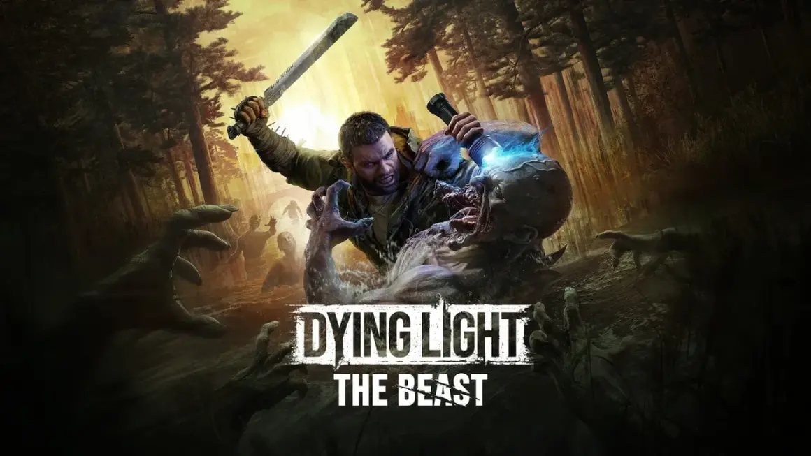 Człowiek walczy z potworem w lesie, otoczony przez zombie. Napis "Dying Light The Beast".