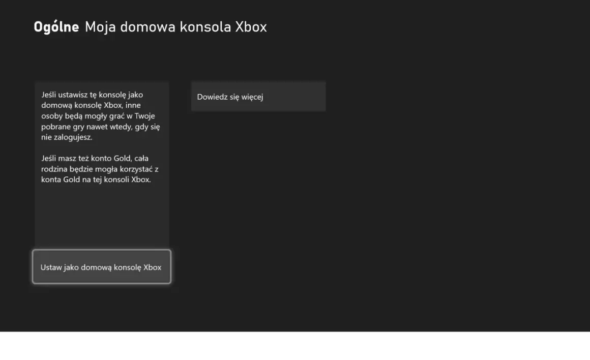 Ekran ustawień konsoli Xbox z tekstem informującym o funkcji "Moja domowa konsola Xbox".