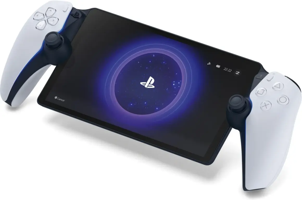 Nowe psp z kontrolerami DualSense, ekran z logo PlayStation i wskaźnikami baterii.