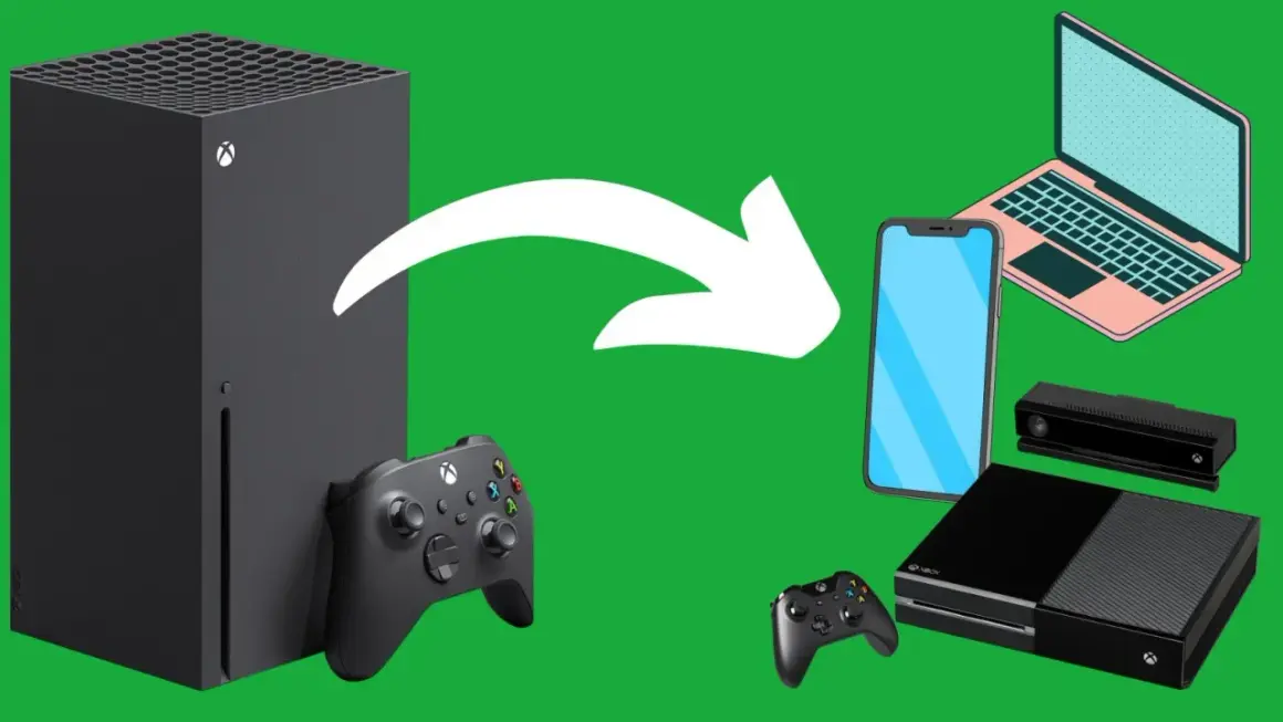 Xbox Series X obok Xbox One, kontrolerów, telefonu i laptopa. Czy gry z Xbox One działają na Xbox Series X?