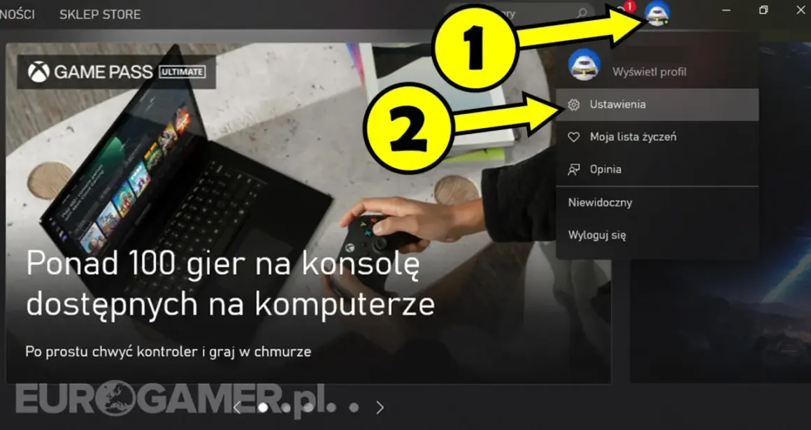 Xbox realizacja kodu: kliknij ikonę profilu (1), a następnie Ustawienia (2), aby zarządzać kontem.