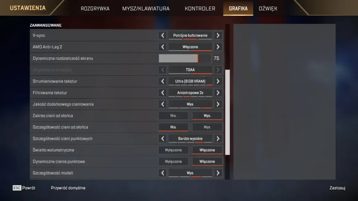 Ustawienia grafiki w Apex Legends: V-sync, AMD Anti-Lag 2, TSAA, Ultra (8 GB VRAM). Sprawdź wymagania gry.