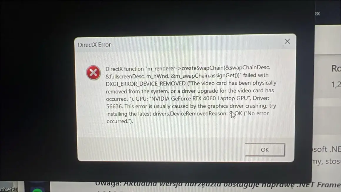 Okno błędu DirectX z komunikatem o problemie z kartą graficzną NVIDIA GeForce RTX 4060.