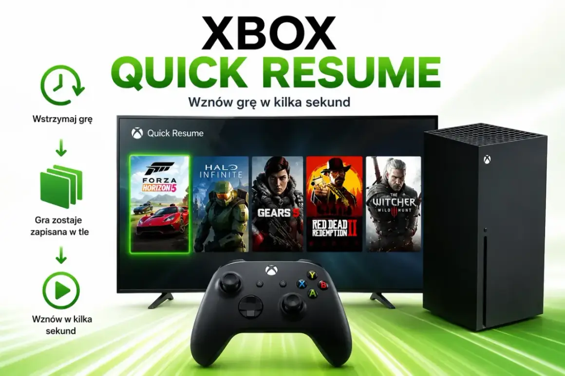 Konsola Xbox Series X, kontroler i ekran z grami Forza Horizon 5, Halo Infinite, Gears 5, Red Dead Redemption 2, The Witcher 3.
