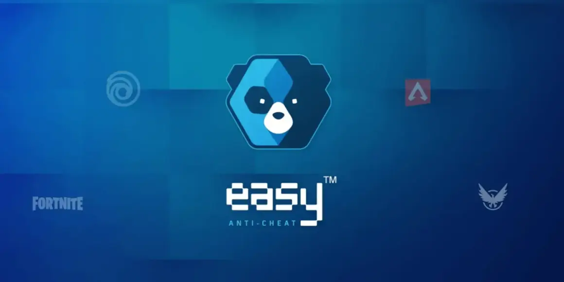 Logo Easy Anti-Cheat z ikonami gier: Fortnite, Apex Legends, Ubisoft, The Division.
