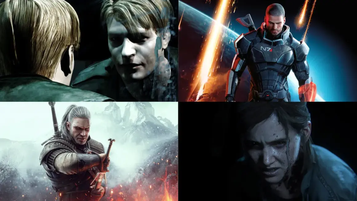 Cztery postacie z gier: James Sunderland, Commander Shepard, Geralt z Rivii i Ellie.
