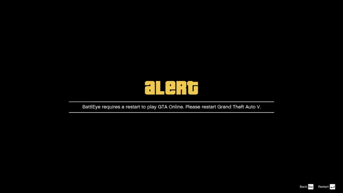 Komunikat "ALERT" z tekstem o konieczności restartu GTA Online przez BattlEye.