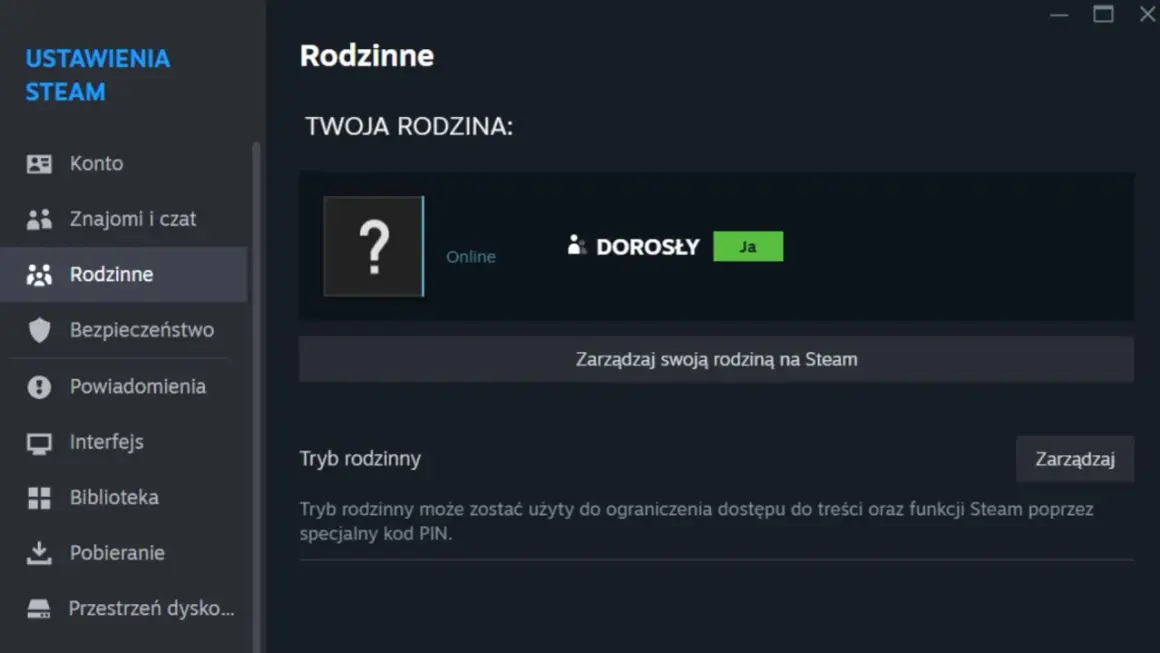 Ustawienia Steam: Rodzinne. Widok panelu zarządzania rodziną na Steam, gdzie można skonfigurować tryb rodzinny.