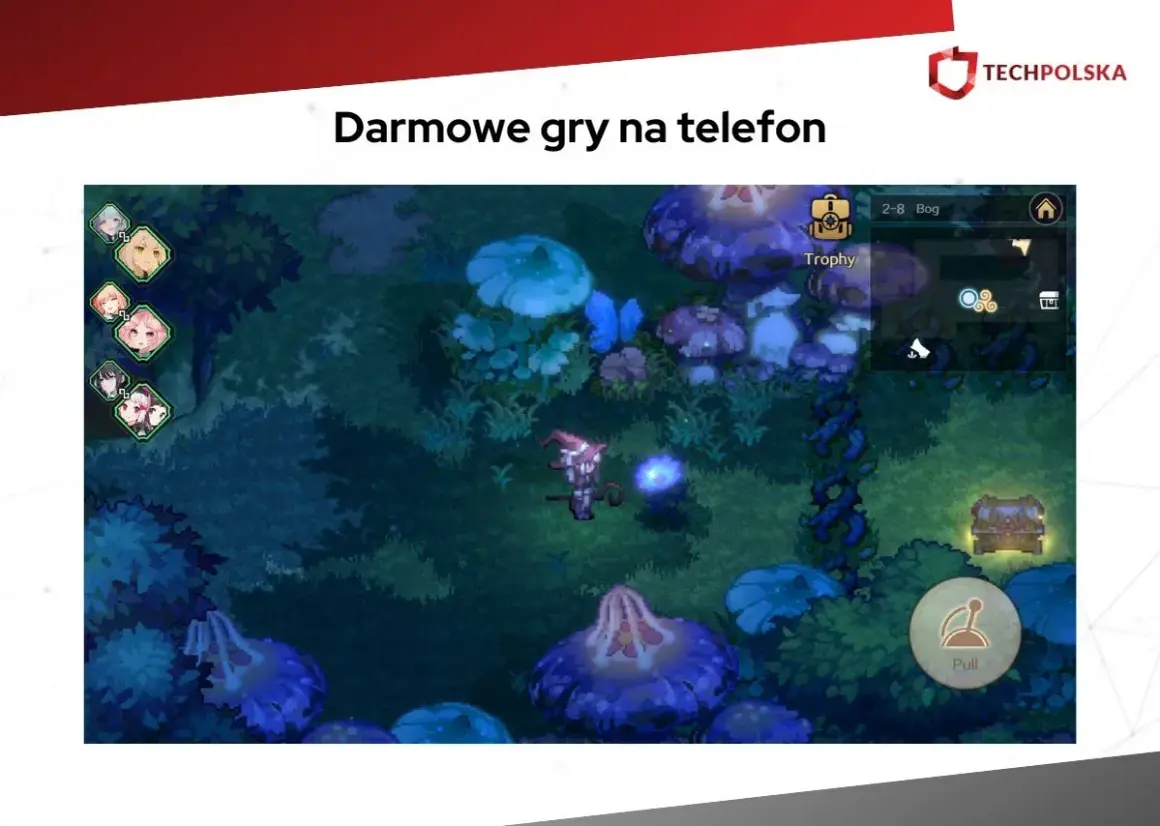 Magiczna kraina pełna grzybów, gdzie postać z różdżką zbiera przedmioty. Idealne gry do pobrania na telefon dla fanów przygód.