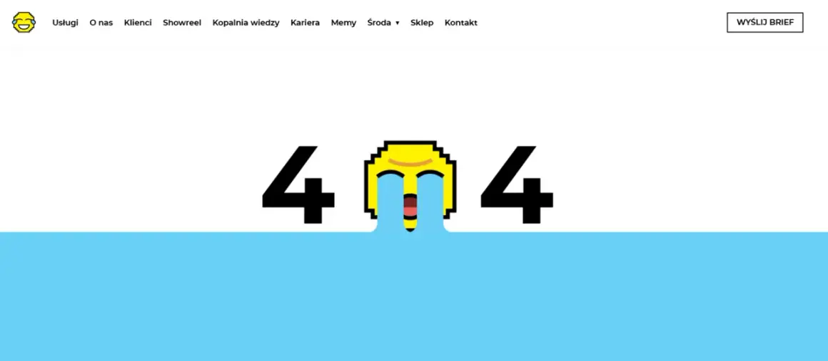 Grafika przedstawia cyfry 404 z emotikoną płaczącą ze śmiechu, na tle białym i niebieskim.