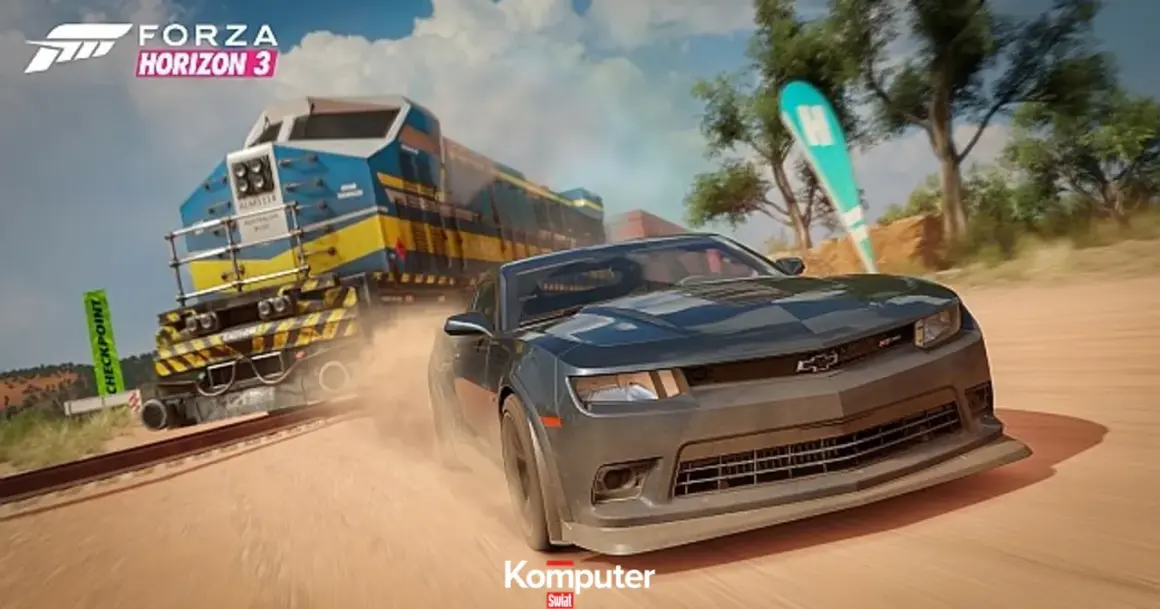 Forza Horizon 3: czarny Chevrolet Camaro ściga się z pociągiem. Sprawdź forza horizon 3 wymagania, by cieszyć się tą grafiką!