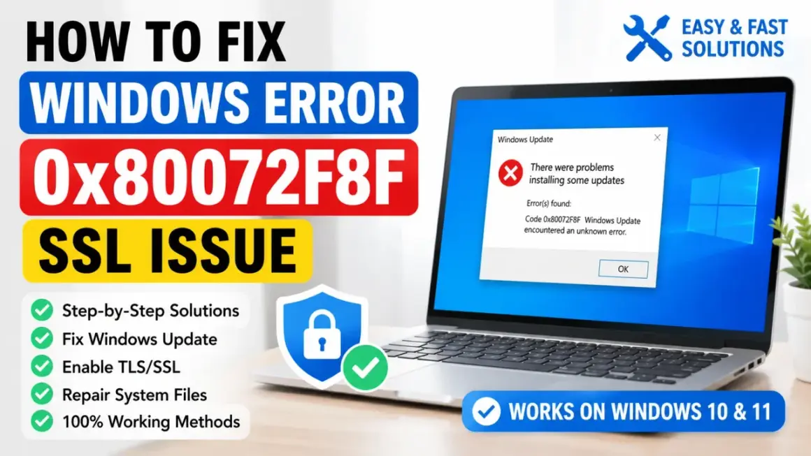 Laptop z błędem aktualizacji Windows 0x80072F8F i tekstem "Jak naprawić problemy z aktualizacją Windows?".