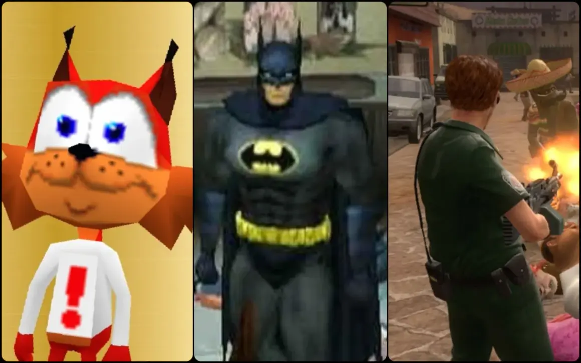 Trzy postacie z gier: rudy kot, Batman i żołnierz strzelający z karabinu.
