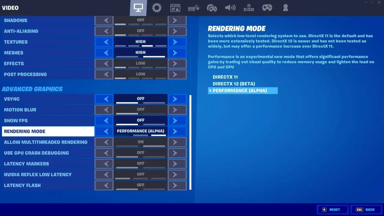 Ustawienia graficzne Fortnite na PC: tryb renderowania DirectX 12 (Beta) - Wydajność (Alpha) dla lepszej płynności gry.