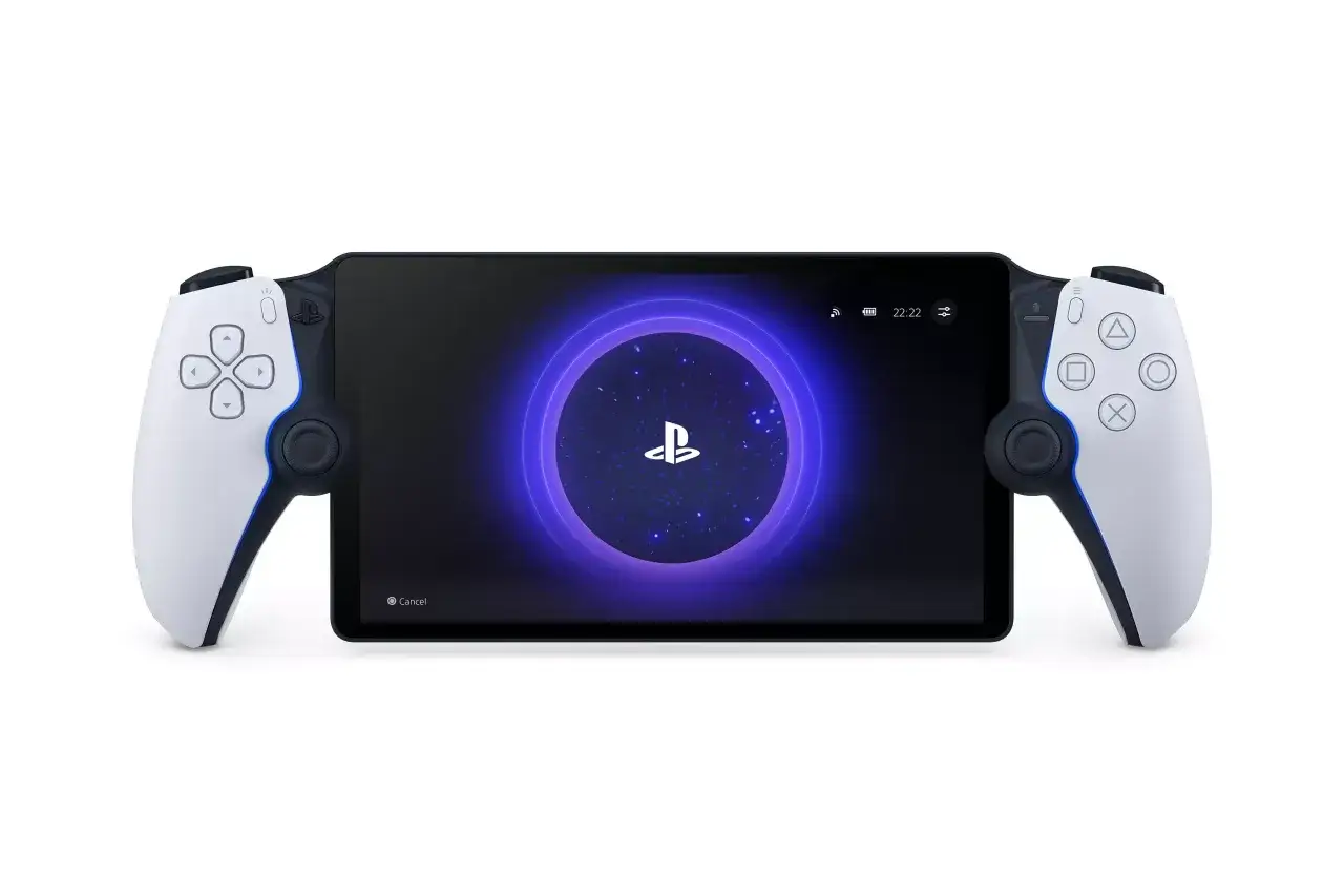 Nowe PSP z kontrolerami DualSense, ekranem i logo PlayStation.