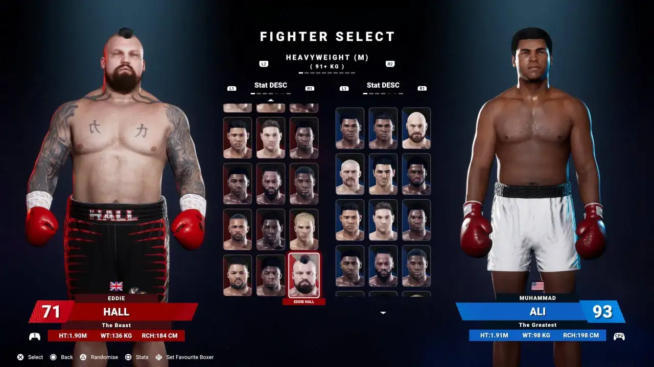 Wybór zawodników do walki w Fight Night PS5: Eddie Hall kontra Muhammad Ali.