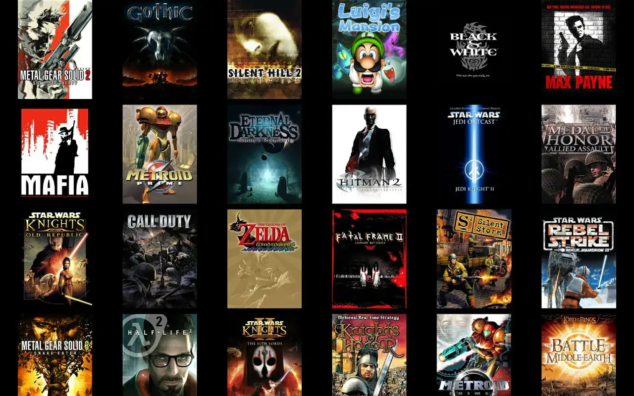 Kolekcja popularnych gier: Metal Gear Solid, Gothic, Silent Hill 2, Luigi's Mansion, Mafia, Metroid Prime, Hitman 2, Star Wars Jedi Outcast, Medal of Honor, Call of Duty, Zelda, Fatal Frame II, Half-Life 2, Star Wars Knights, The Battle for Middle-earth.