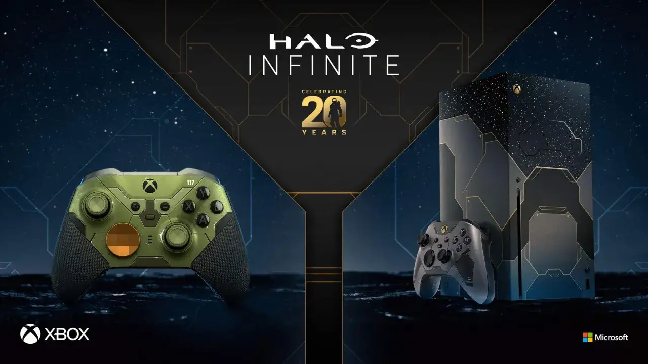Zielony kontroler i konsola Xbox Series X w edycji Halo Infinite 20th Anniversary. xsx.