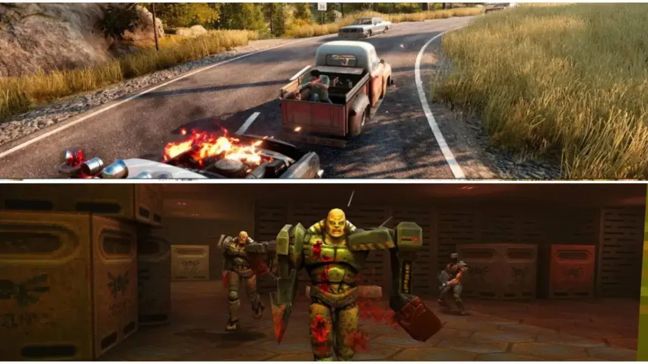 Gry na 2 pady Xbox Game Pass: akcja na drodze i walka z potworami w mrocznym korytarzu.