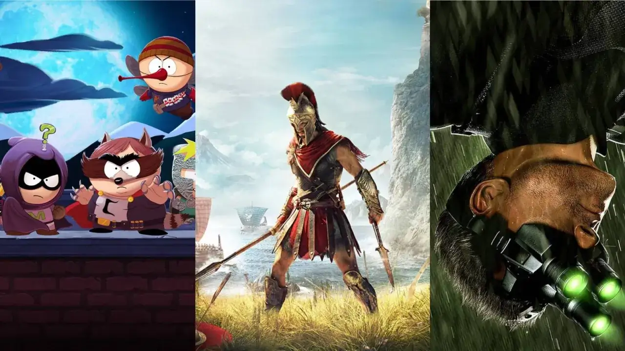 Kolaż z gier Ubisoft: postacie z South Park, wojownik z Assassin's Creed Odyssey i Sam Fisher ze Splinter Cell.