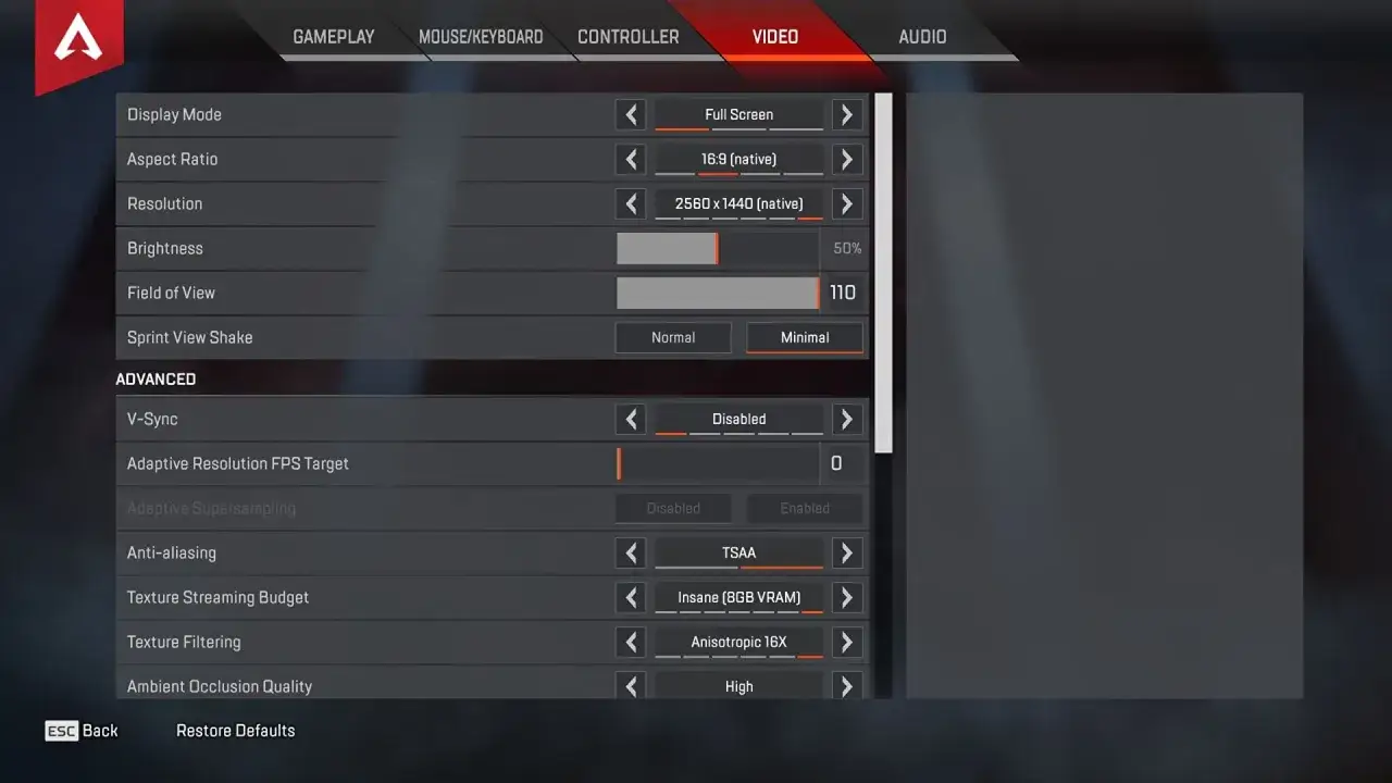 Ustawienia wideo Apex Legends: rozdzielczość 2560x1440, pole widzenia 110. Sprawdź apex legends wymagania.