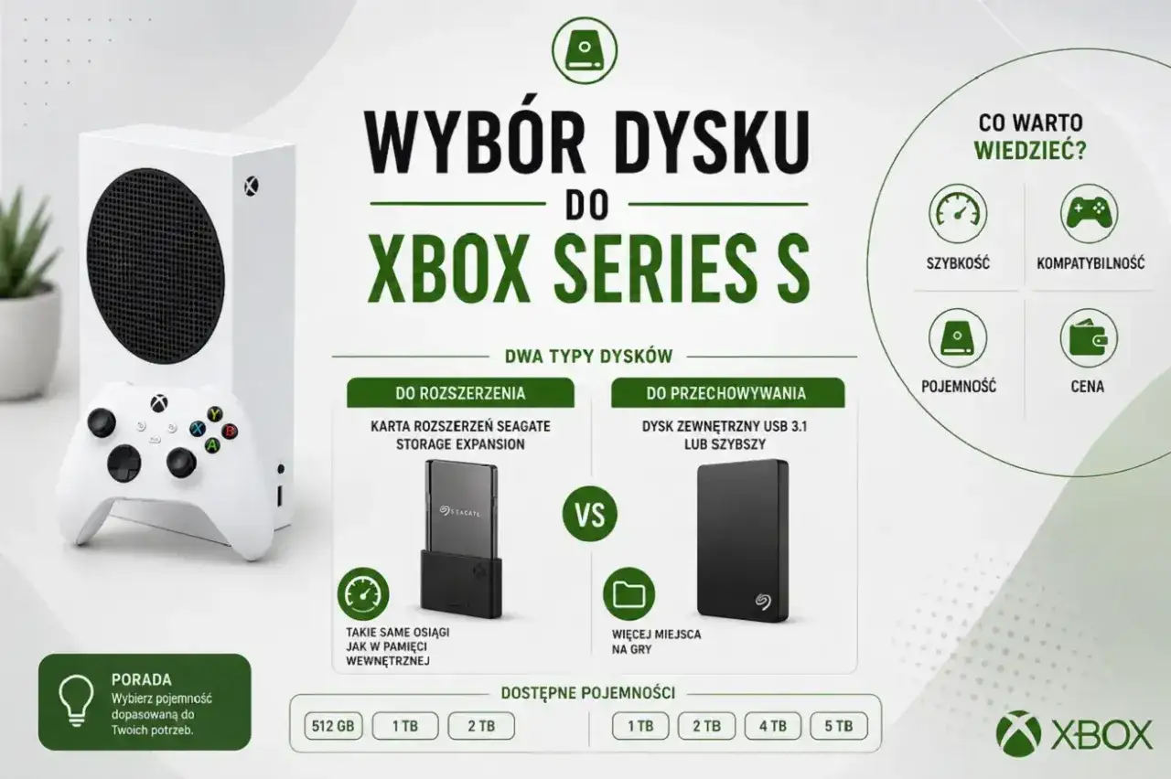 Porównanie dysków do Xbox Series S: karta Seagate Storage Expansion vs dysk zewnętrzny USB 3.1. Sprawdź specyfikację i wybierz najlepszą pojemność.