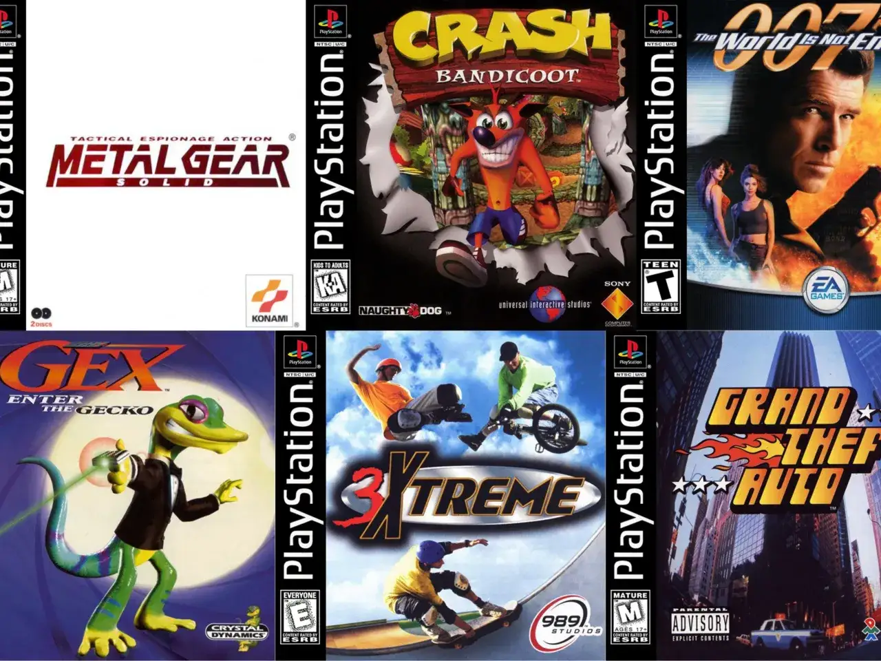Kolekcja okładek gier PlayStation: Metal Gear Solid, Crash Bandicoot, 007 The World Is Not Enough, Gex Enter the Gecko, 3Xtreme i Grand Theft Auto. Prawdziwe perełki, które zasługują na miano najlepsze gry wszechczasów.