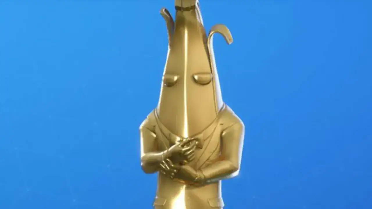 Złoty Peely, prawdopodobnie najdroższy skin w Fortnite, w eleganckim złotym garniturze.