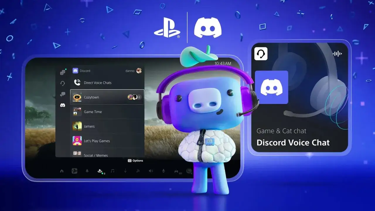 Urocza postać z słuchawkami i mikrofonem, obok interfejsu Discord na PS5. Czas na wspólne rozmowy i gry!