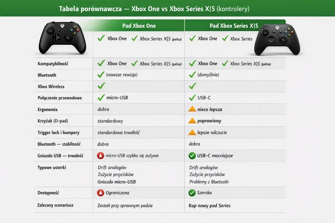 Porównanie padów: Xbox One vs Xbox Series S/X. Nowszy pad Series X/S ma USB-C, lepszą ergonomię i poprawione przyciski, co czyni go lepszym wyborem.
