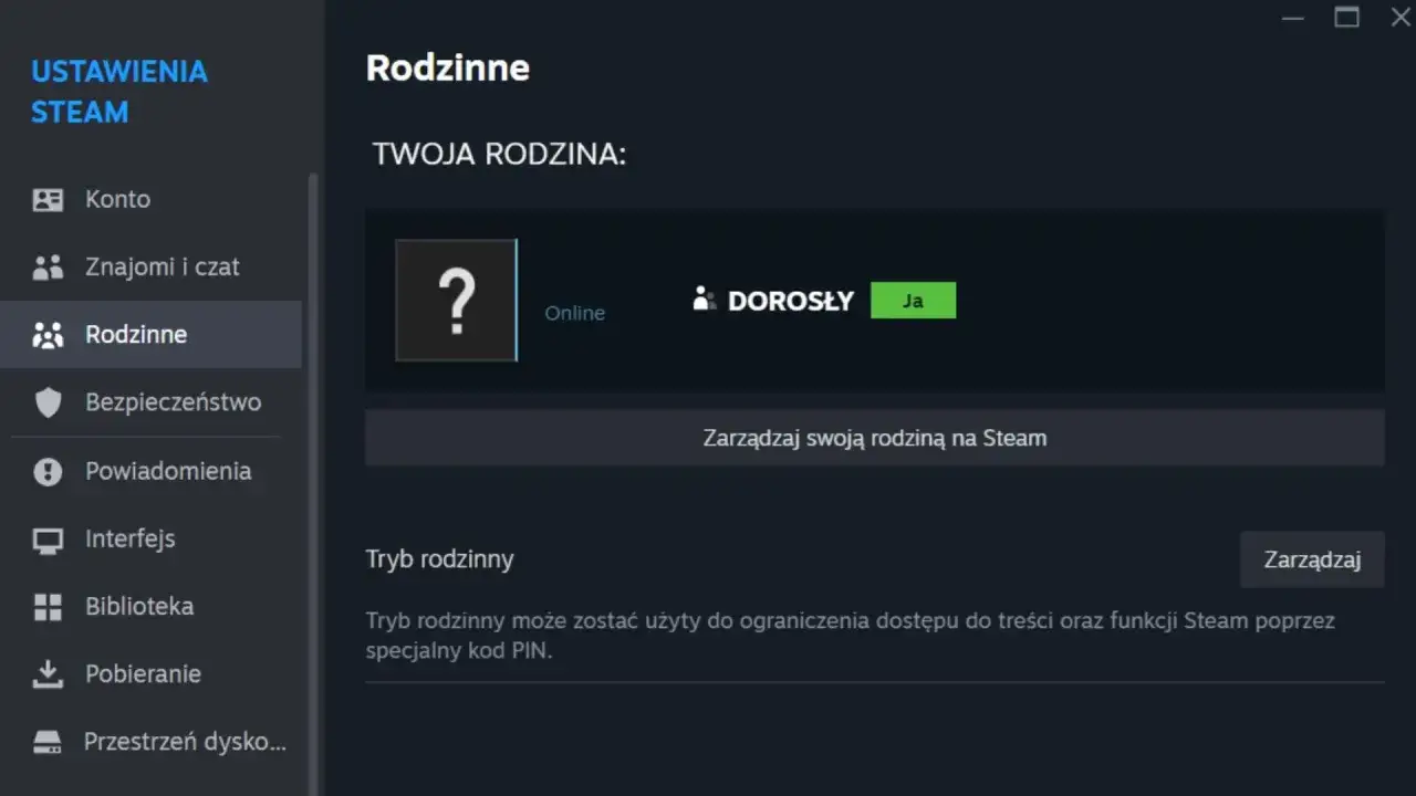 Ustawienia Steam: Rodzinne. Widoczny jest profil