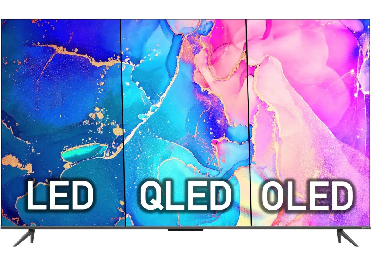Trzy panele telewizora: LED, QLED i OLED, prezentujące abstrakcyjny wzór w odcieniach niebieskiego i różu. Który wybrać?