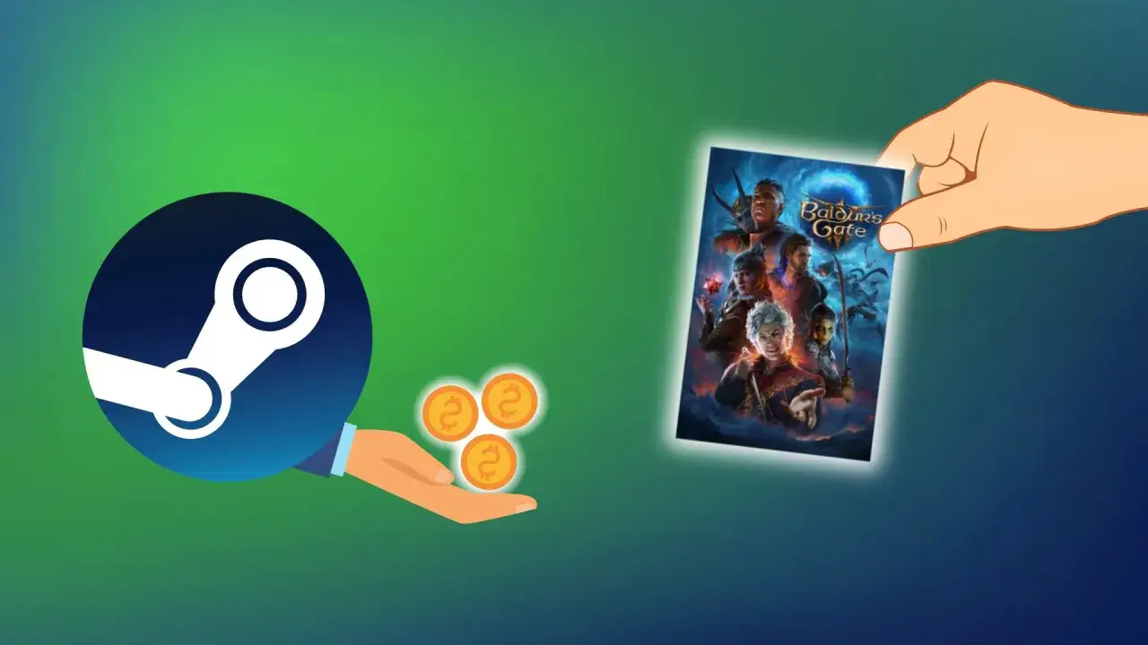 Ręka trzyma grę Baldur's Gate, a obok Steam i monety. Dowiedz się, jak zwrócić grę na Steam.