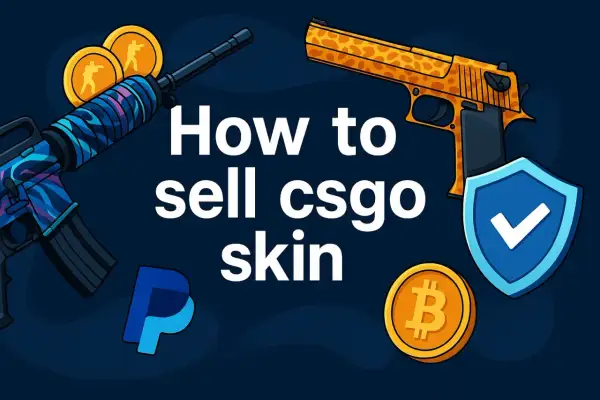 Jak sprzedać skiny CS2? Grafika przedstawia broń z gry, monety, logo PayPal i Bitcoin, symbolizujące bezpieczne transakcje.