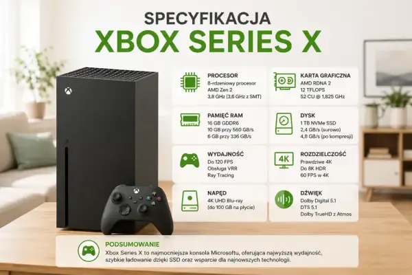 Xbox Series X z kontrolerem, specyfikacja konsoli: procesor, RAM, grafika, dysk SSD, wydajność 120 FPS, rozdzielczość 4K/8K. xsx.