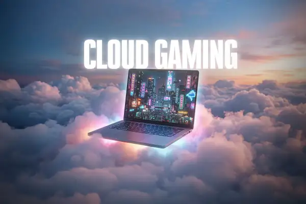 Laptop unoszący się na chmurach z neonowym miastem na ekranie. Napis "CLOUD GAMING".