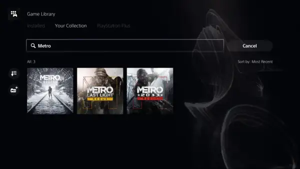 Biblioteka gier z wyszukaniem "Metro". Widoczne okładki gier: Metro Exodus, Metro Last Light Redux i Metro 2033 Redux.