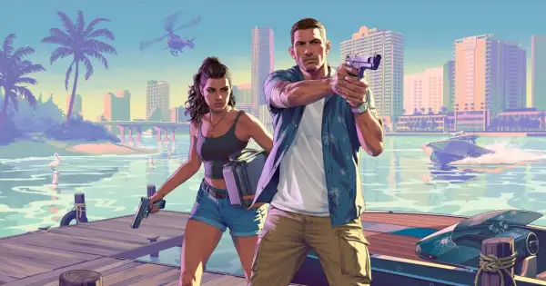 Para z bronią na molo, w tle miasto i policyjna łódź. Wygląda jak scena z GTA 6 PC.