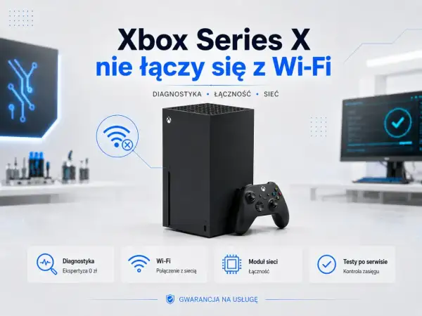 Konsola Xbox Series X z kontrolerem, symbol Wi-Fi z przekreśleniem.