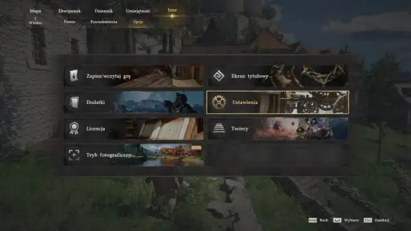 Menu gry z opcjami: Zapisz/wczytaj grę, Ustawienia, Ekran tytułowy. W tle widać efekt motion blur.