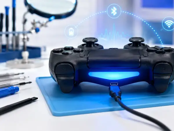 Czarny pad Xbox podłączony kablem, z ikonami Bluetooth, Wi-Fi i baterii.
