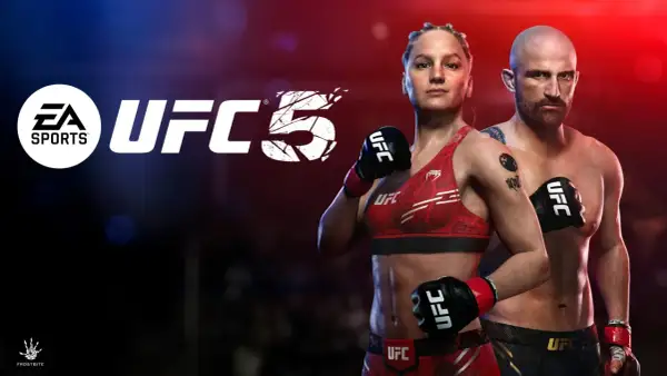 EA SPORTS UFC 5 na PC. Dwie postacie zawodników UFC, kobieta i mężczyzna, gotowi do walki.